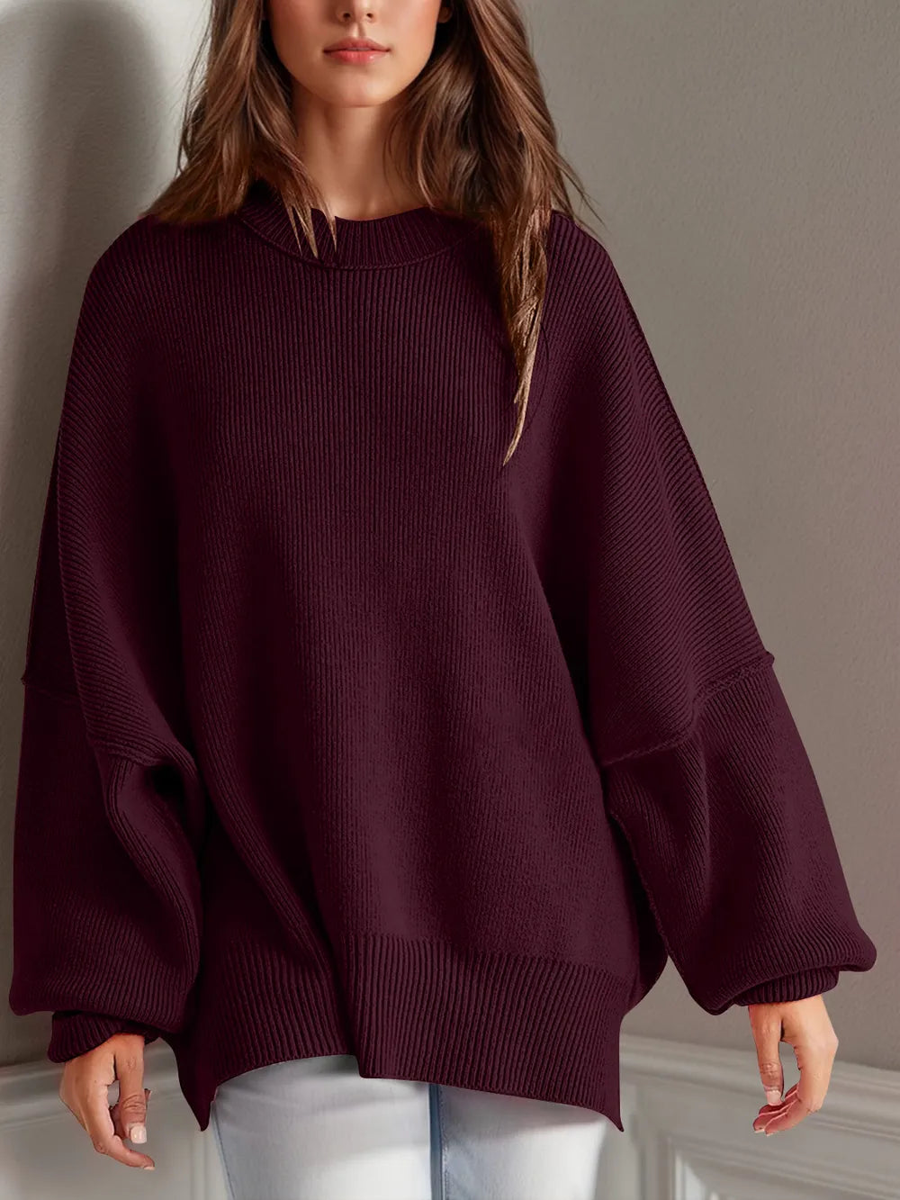 Double Take Side Slit Round Neck Long Sleeve Sweater - adritiX