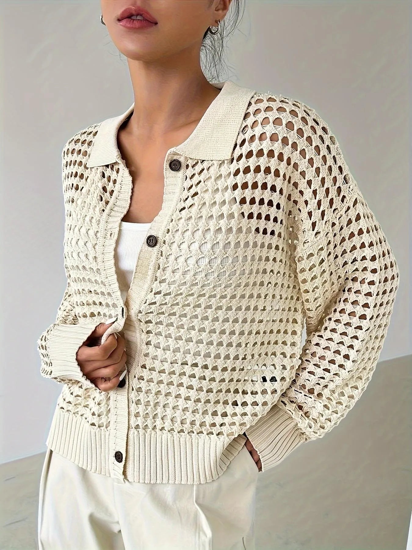 Hollow Out Knit Button Front Cardigan - adritiX