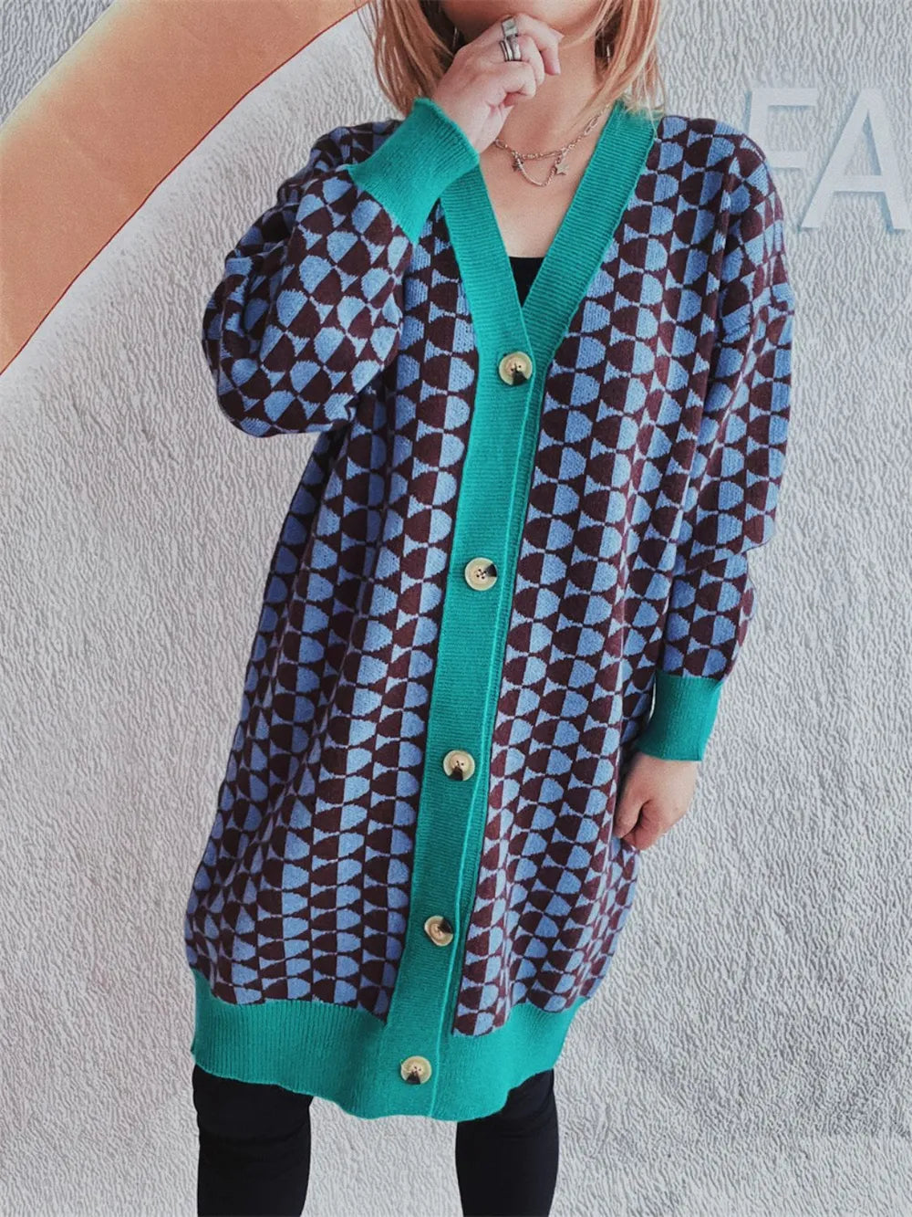 Contrast Trim Geometric Button Down Cardigan - adritiX