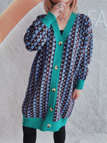 Contrast Trim Geometric Button Down Cardigan - adritiX