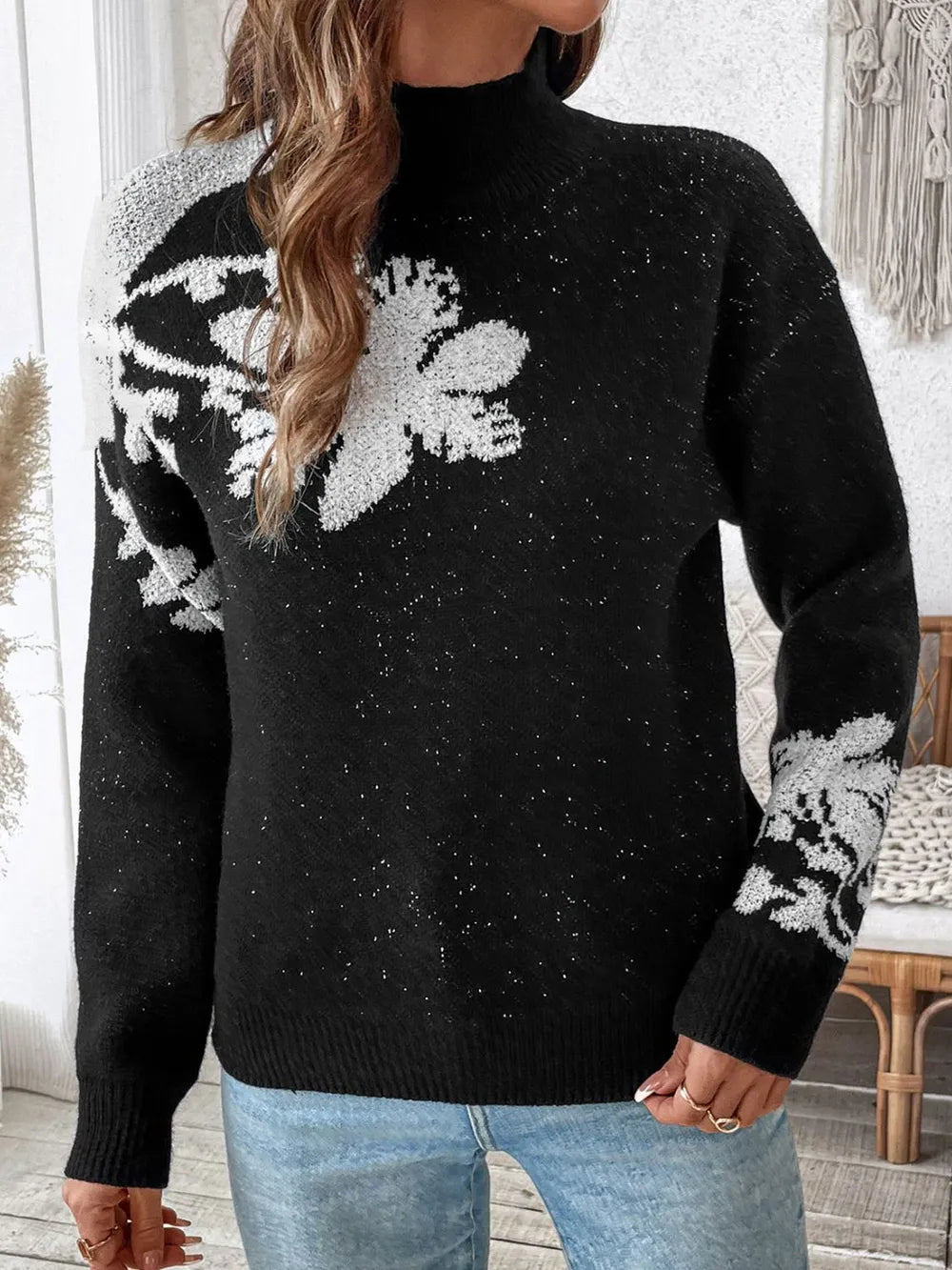 Perfee Flower Mock Neck Long Sleeve Sweater - adritiX