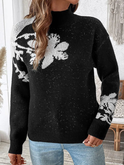Perfee Flower Mock Neck Long Sleeve Sweater - adritiX
