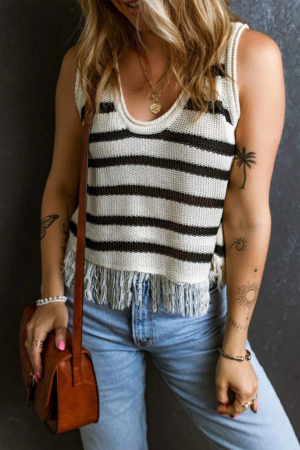 Elegant Fringe Striped Scoop Neck Tank - adritiX