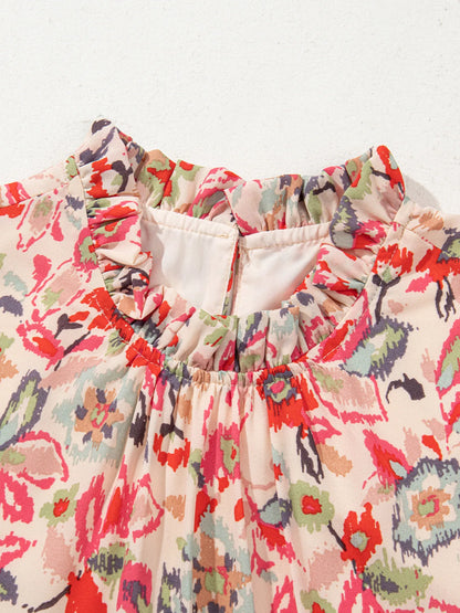 Floral Print Frilled Neck Puff Sleeve High Waist Dress - adritiX