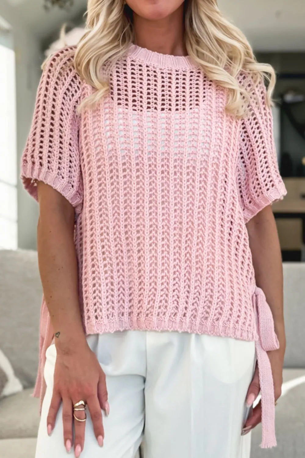 Hollow-out Crochet Side Tied Short Sleeve Knit Cover Up - adritiX