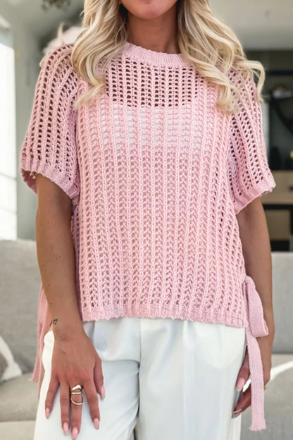 Hollow-out Crochet Side Tied Short Sleeve Knit Cover Up - adritiX