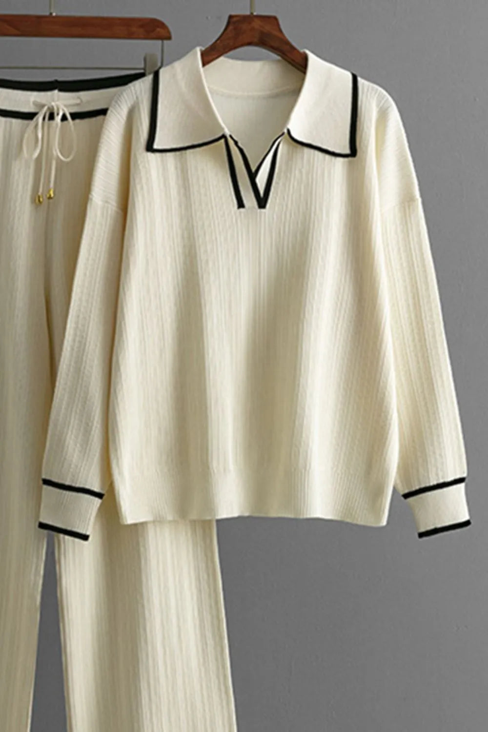Contrast Trim Johnny Collar Top and Drawstring Pants Sweater Set - adritiX