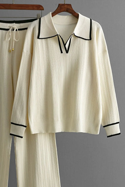 Contrast Trim Johnny Collar Top and Drawstring Pants Sweater Set - adritiX