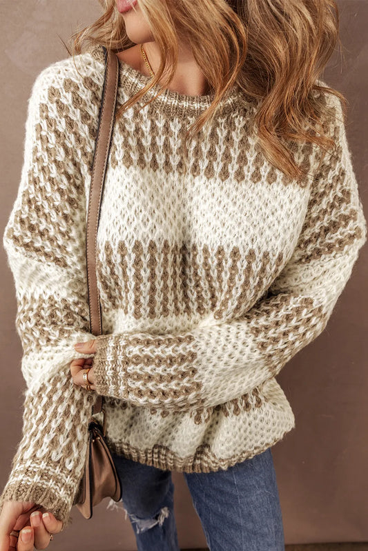 Color Block Round Neck Dropped Shoulder Sweater - adritiX