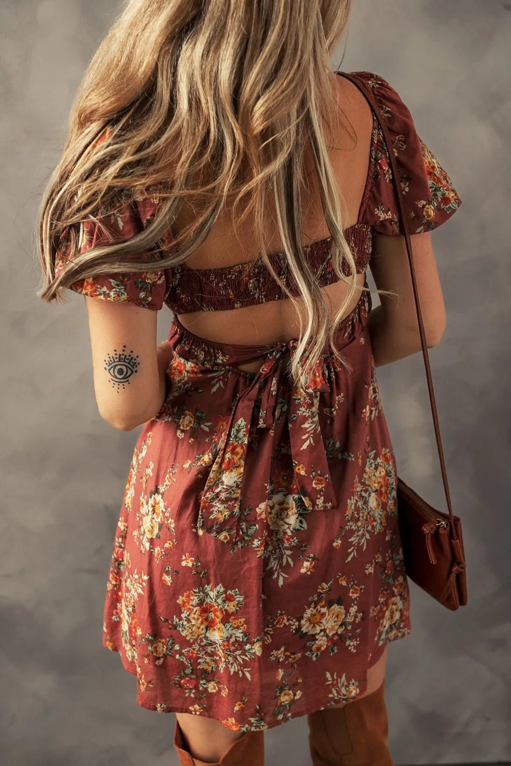 Floral Puff Sleeve Square Neck Knot Open Back Mini Dress - adritiX
