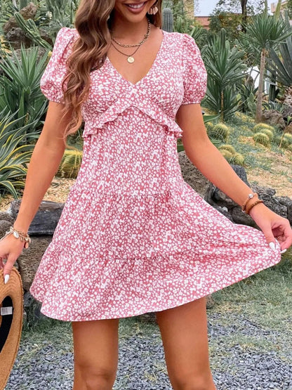 Floral Print Wrap Mini Dress with Puff Sleeves - adritiX