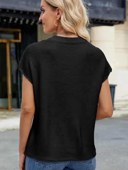 Exposed Seam Round Neck Short Sleeve Sweater - adritiX