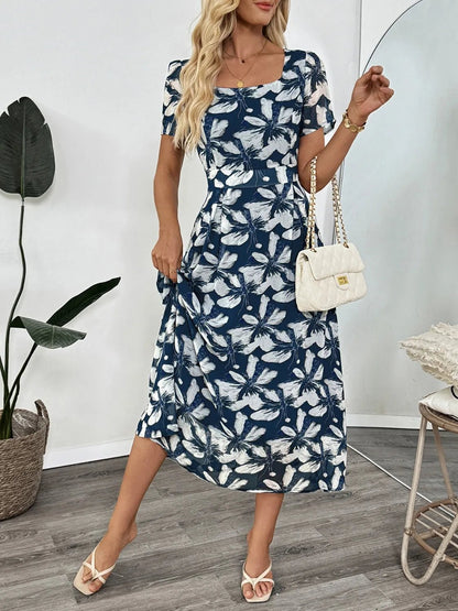 Printed Square Neck Midi Dress - adritiX