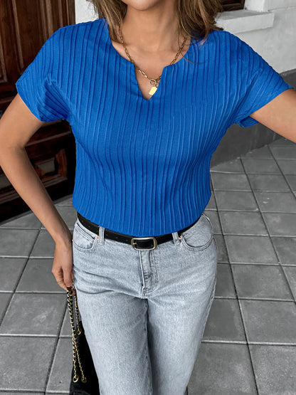 Elegant Textured Notched Short Sleeve Blouse - adritiX