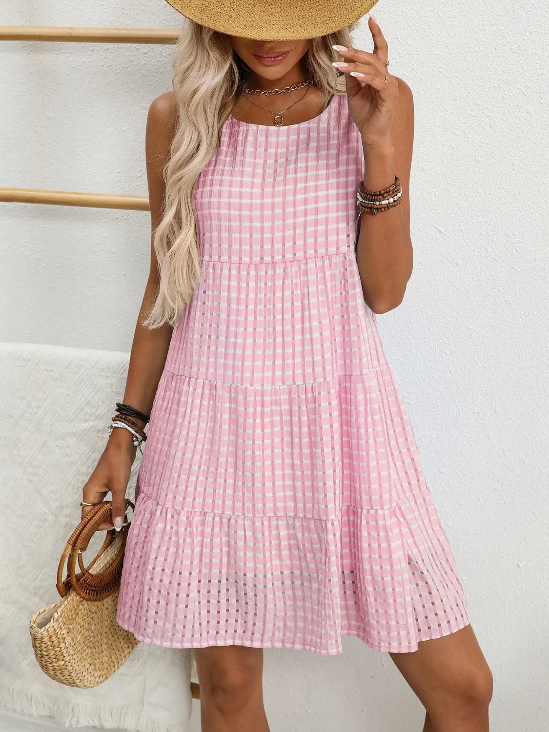 Plaid Round Neck Sleeveless Mini Dress - adritiX