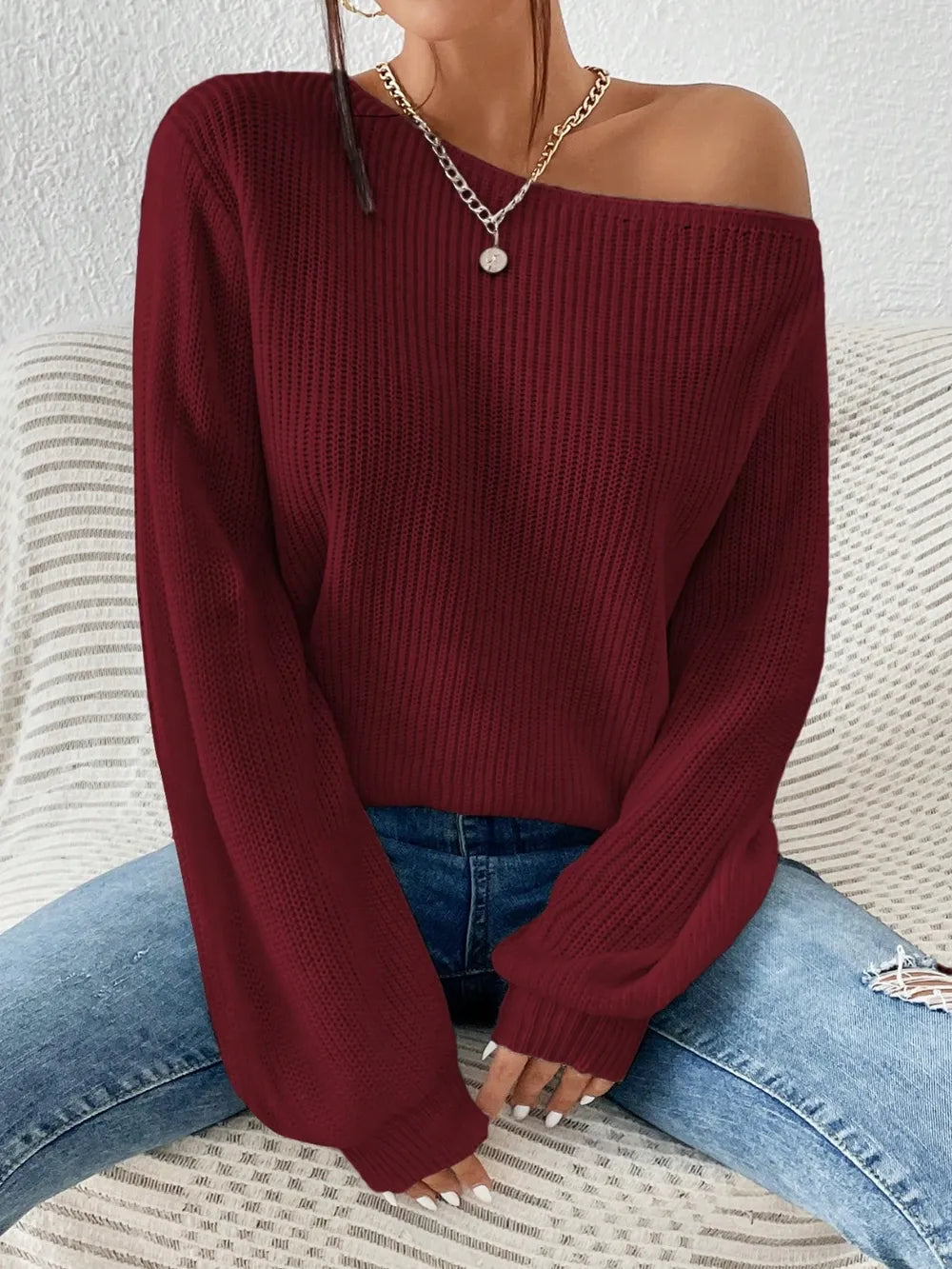 Elegant Honey Single Shoulder Long Sleeve Sweater - adritiX