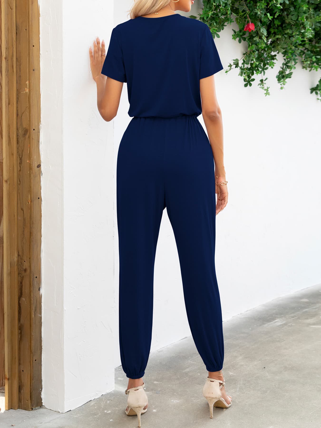 Elegant Short Sleeve V-Neck Jumpsuit with Pockets - adritiX