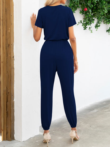 Elegant Short Sleeve V-Neck Jumpsuit with Pockets - adritiX