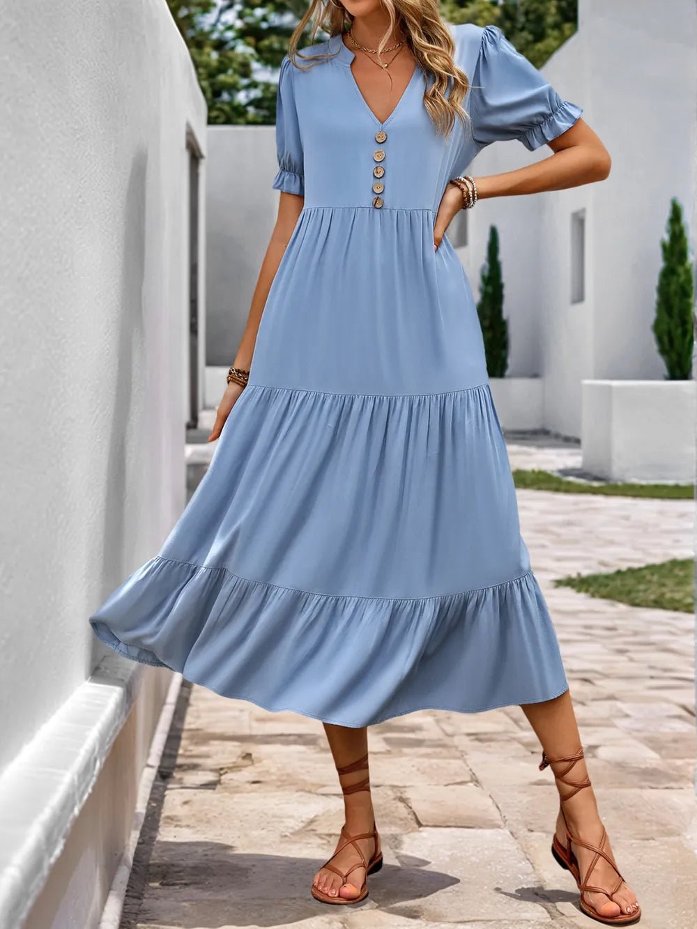 Notched Short Sleeve Tiered Midi Dress - adritiX