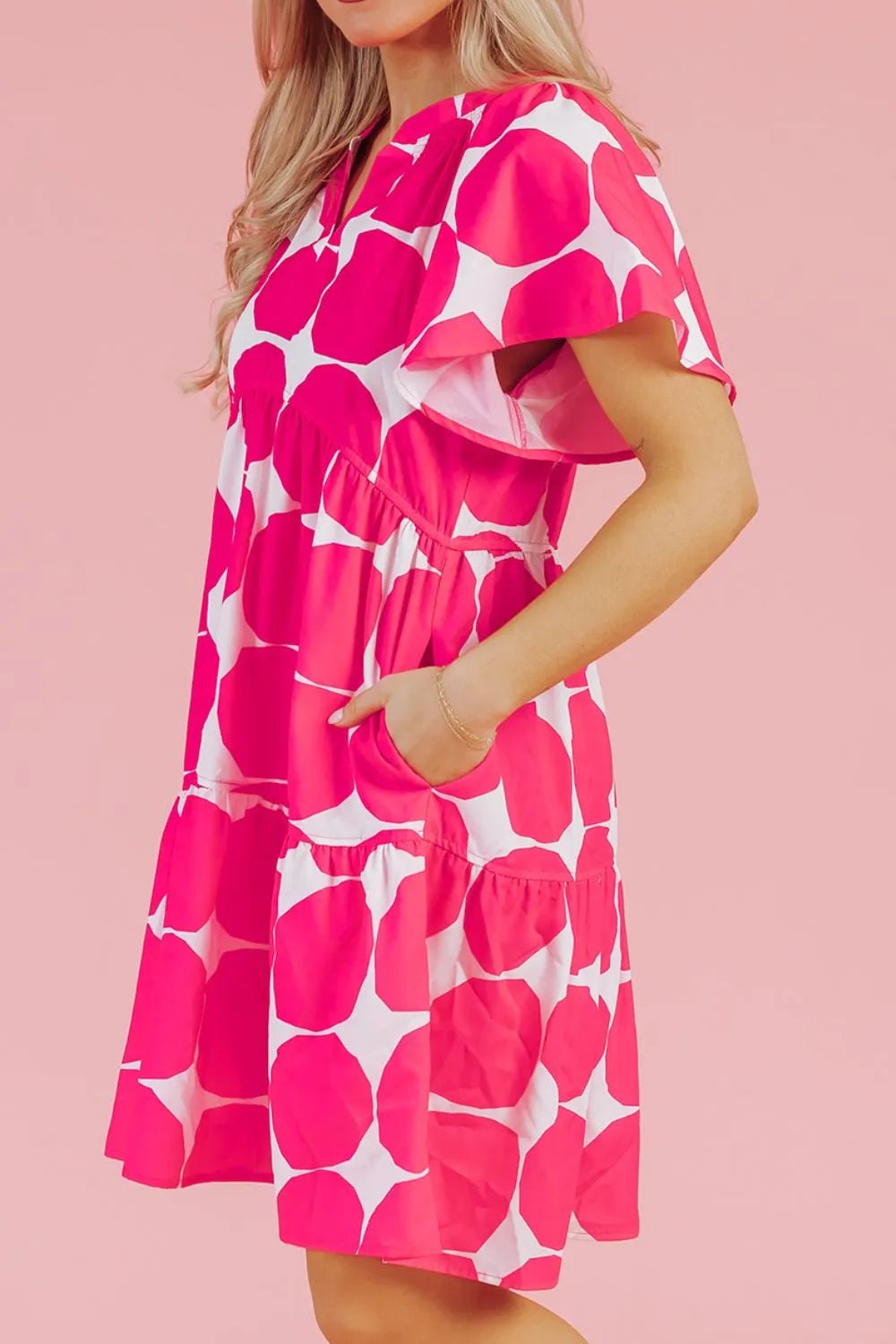 Contrast Notched Flutter Sleeve Dress - adritiX