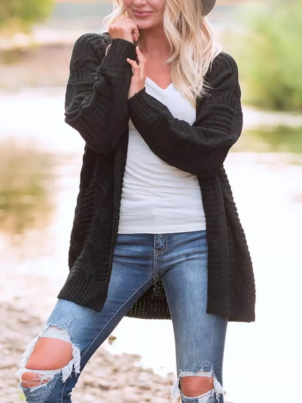 Cable-Knit Open Front Long Sleeve Cardigan - adritiX