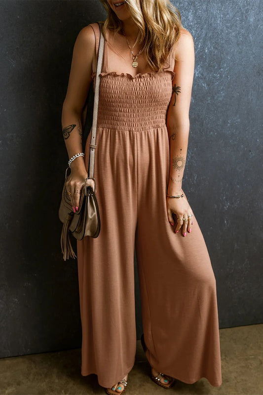 Elegant Frill Smocked Wide Leg Jumpsuit - adritiX
