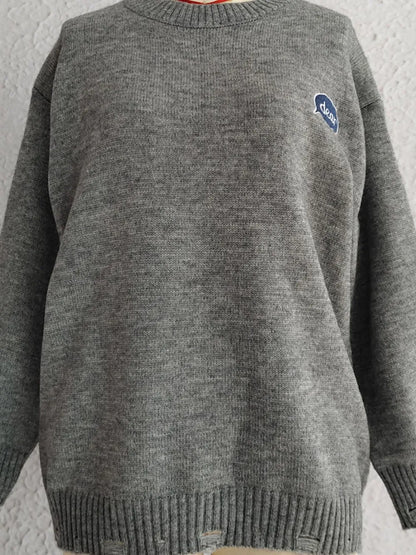 Embroidered Round Neck Dropped Shoulder Sweater - adritiX