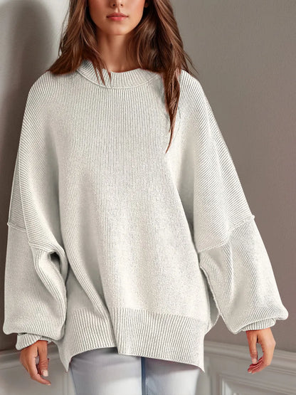 Double Take Side Slit Round Neck Long Sleeve Sweater - adritiX