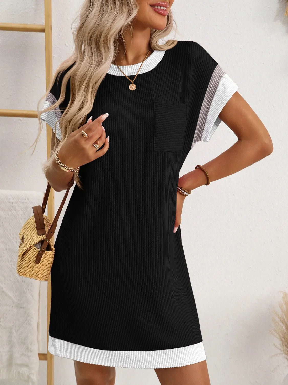 Round Neck Short Sleeve Mini Dress - adritiX