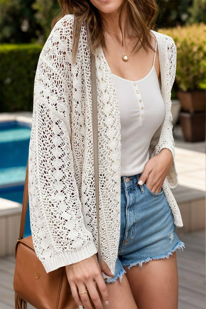 Openwork Open Front Dropped Shoulder Cardigan - adritiX