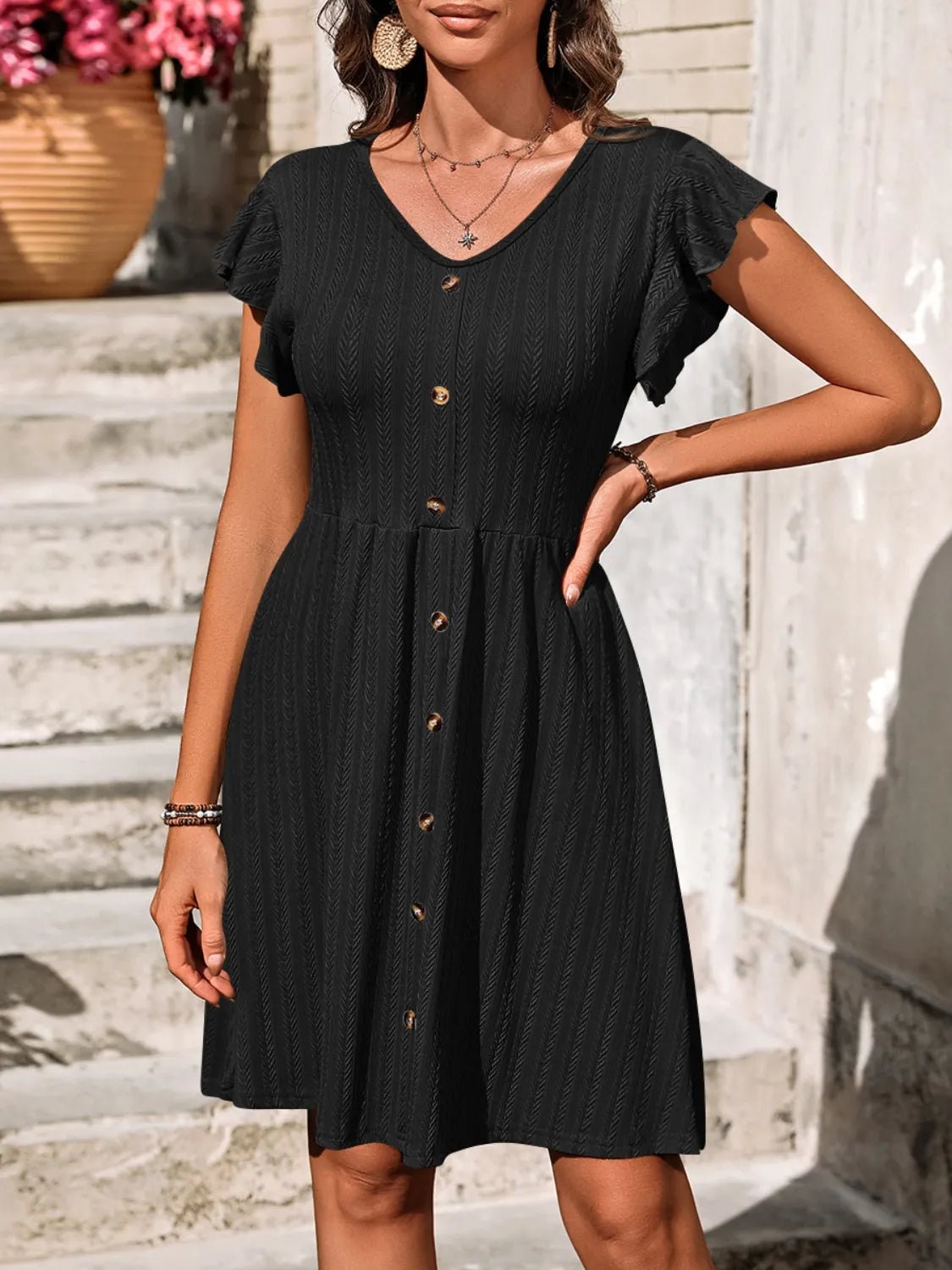 V-Neck Ruffled Cap Sleeve Dress - adritiX