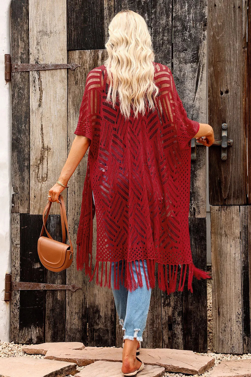 Openwork Open Front Cardigan with Fringes - adritiX