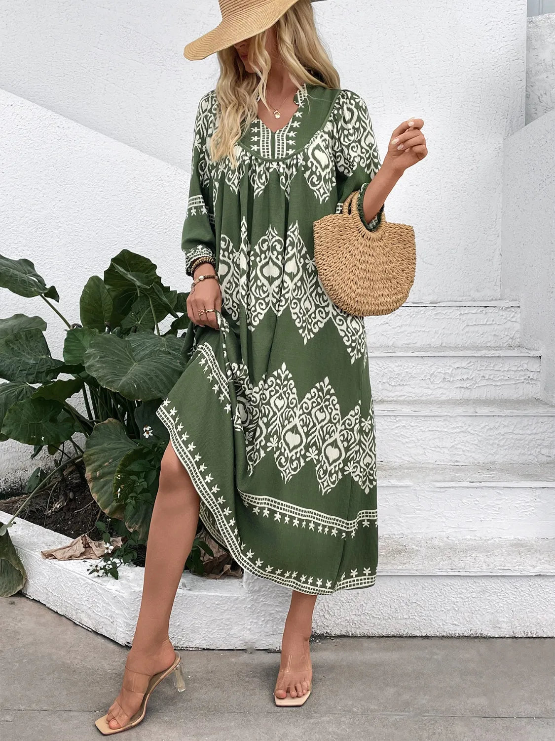 Printed Notched Midi Dress with Pockets - adritiX