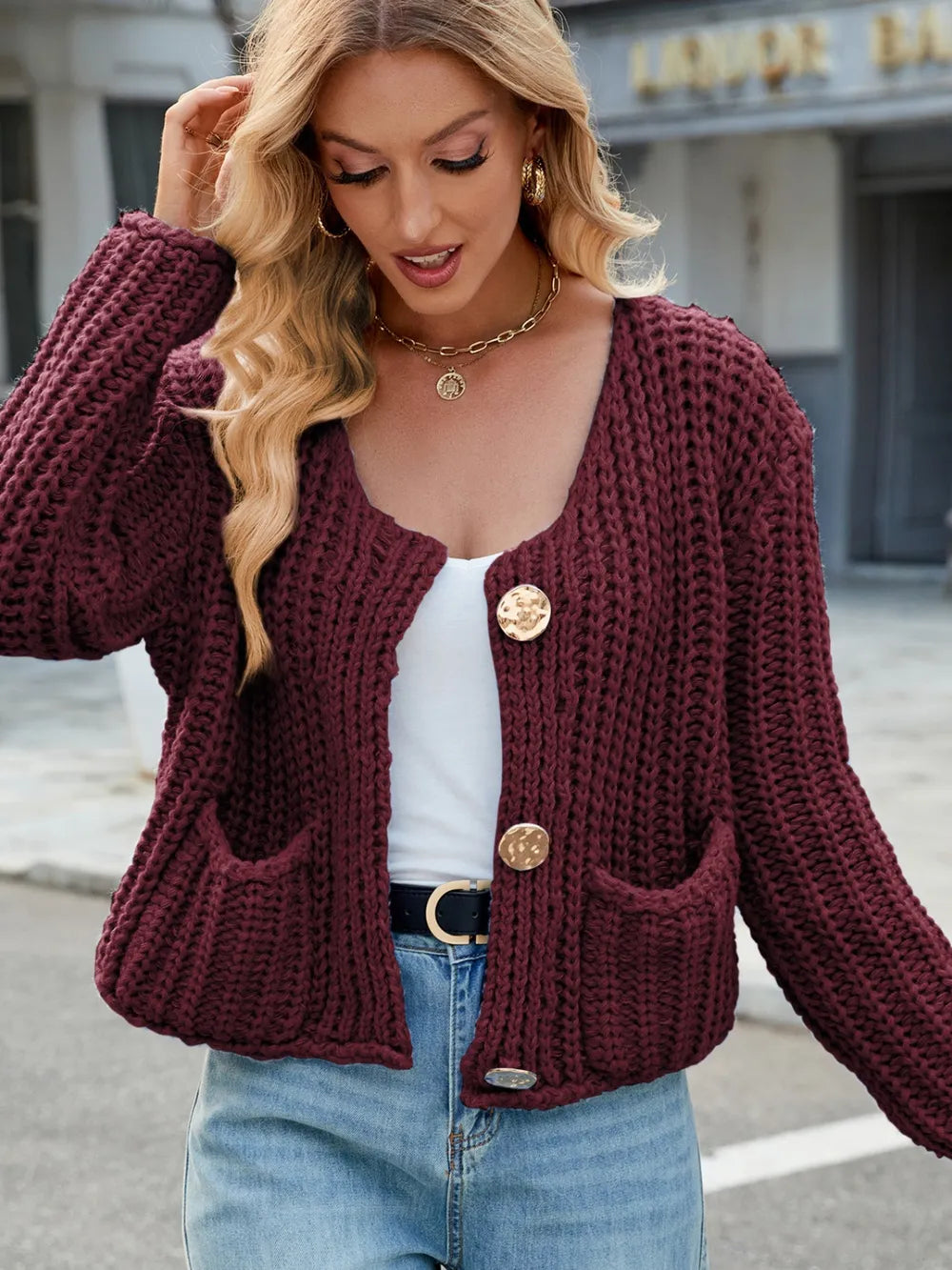 Round Neck Button Up Cardigan with Pockets - adritiX