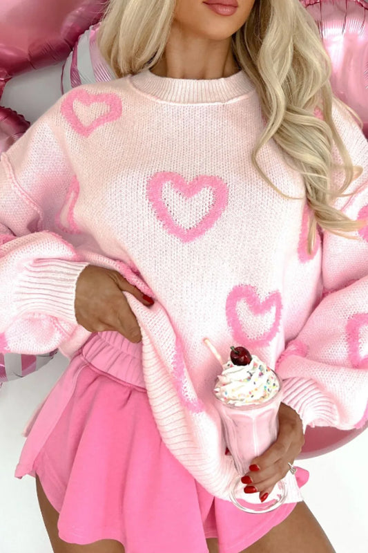 High-Low Heart Round Neck Long Sleeve Sweater - adritiX