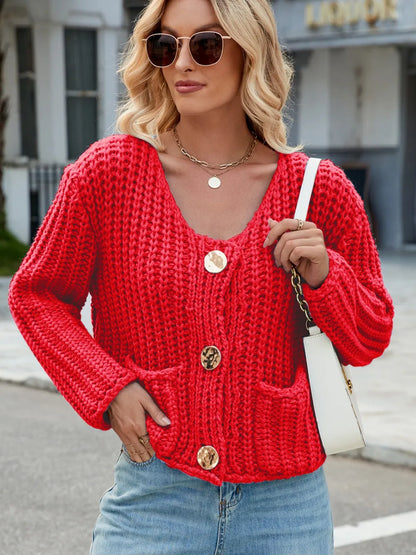 Round Neck Button Up Cardigan with Pockets - adritiX
