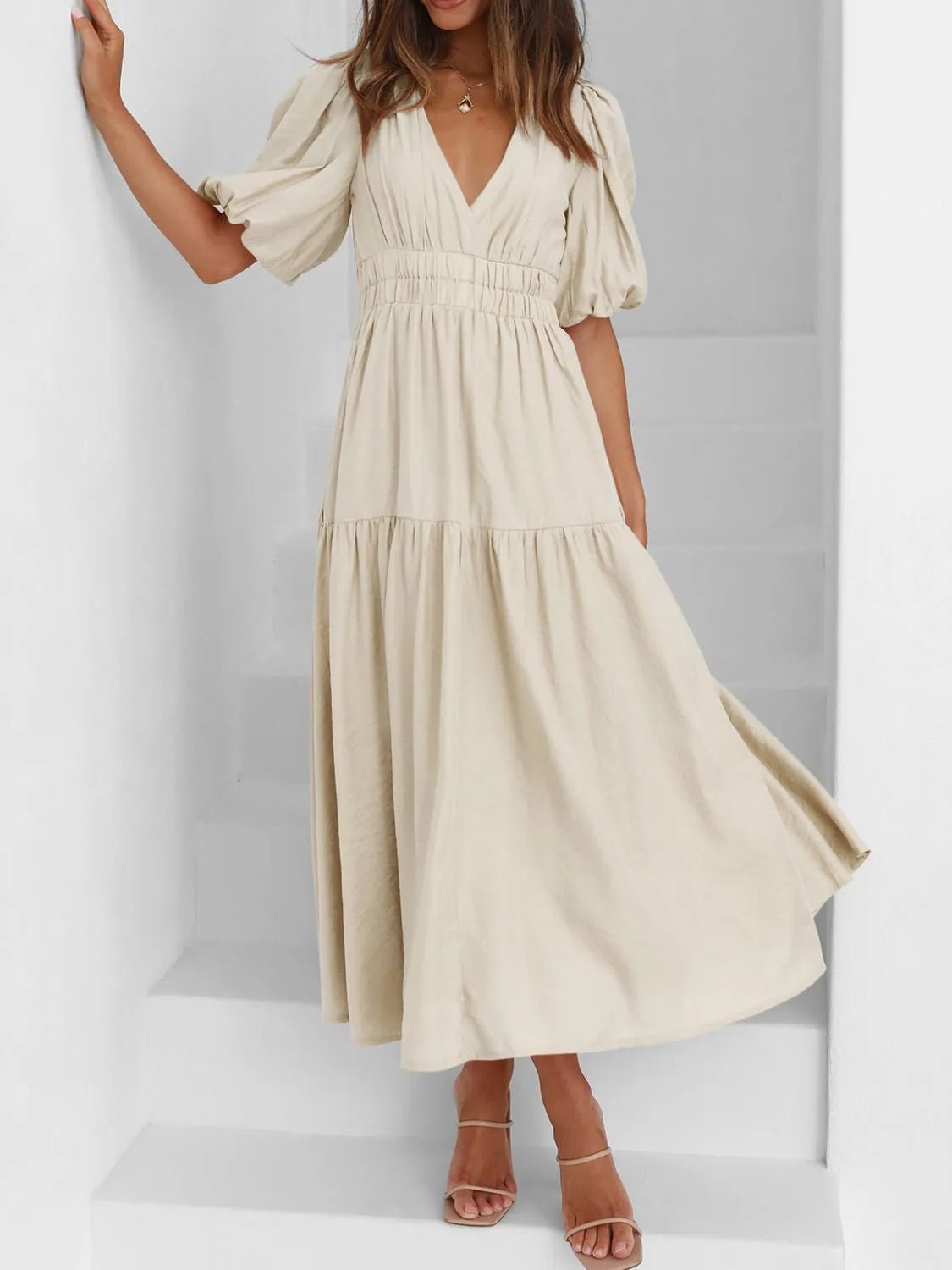 V-Neck Puff Sleeve Midi Dress - adritiX