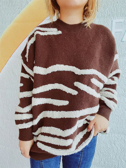 Elegant Contrast Round Neck Long Sleeve Sweater - adritiX