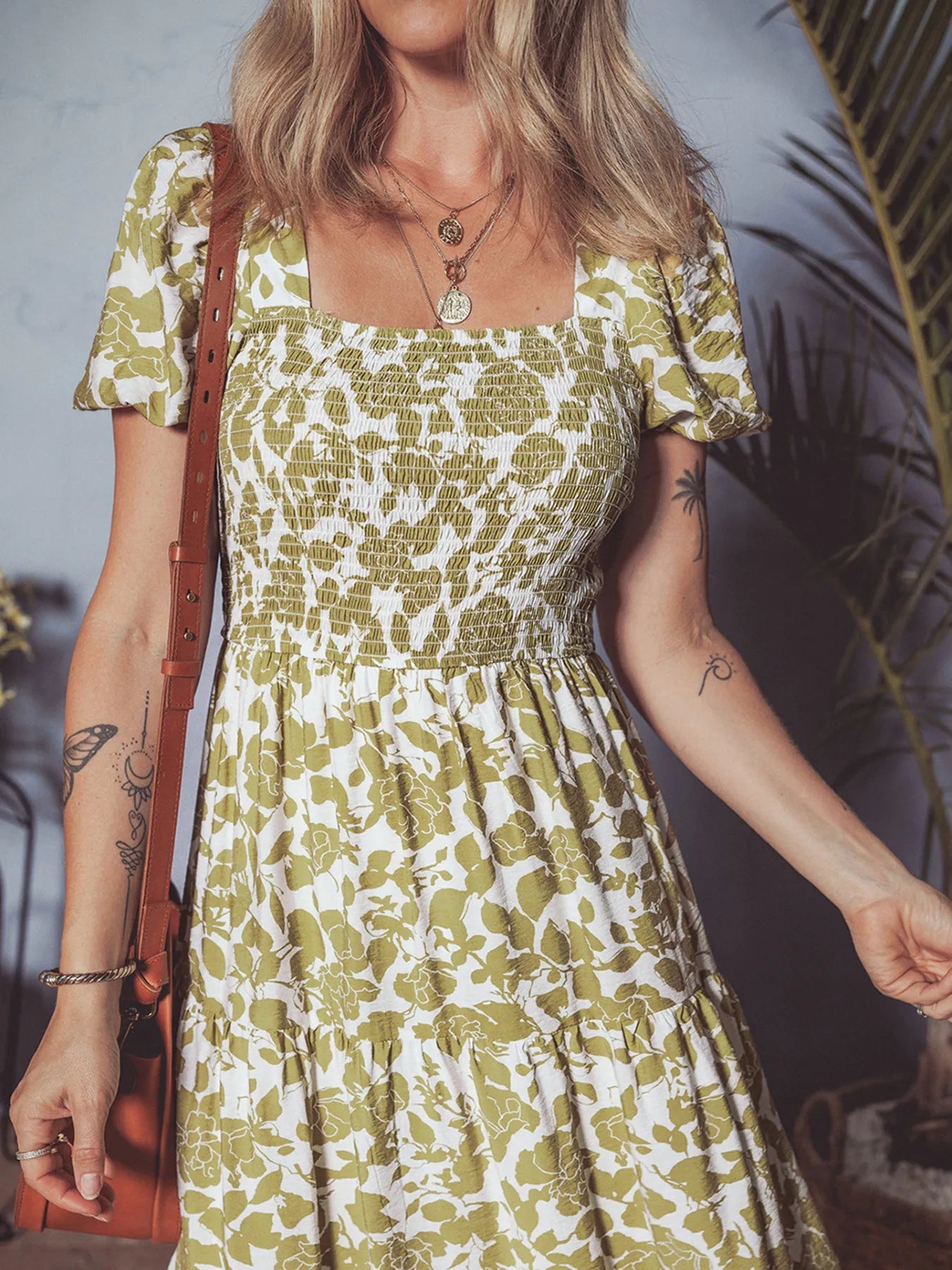 Boho Floral Square Neck Smocked Bust Puff Sleeve Tiered Dress - adritiX