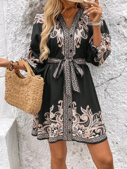 Paisley V-Neck 3/4 Sleeve Mini Dress - adritiX