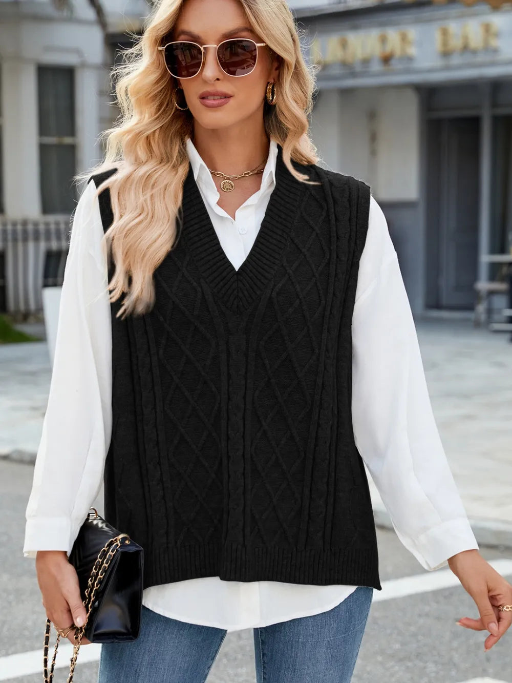 Cable Knit V-Neck Sweater Vest - adritiX