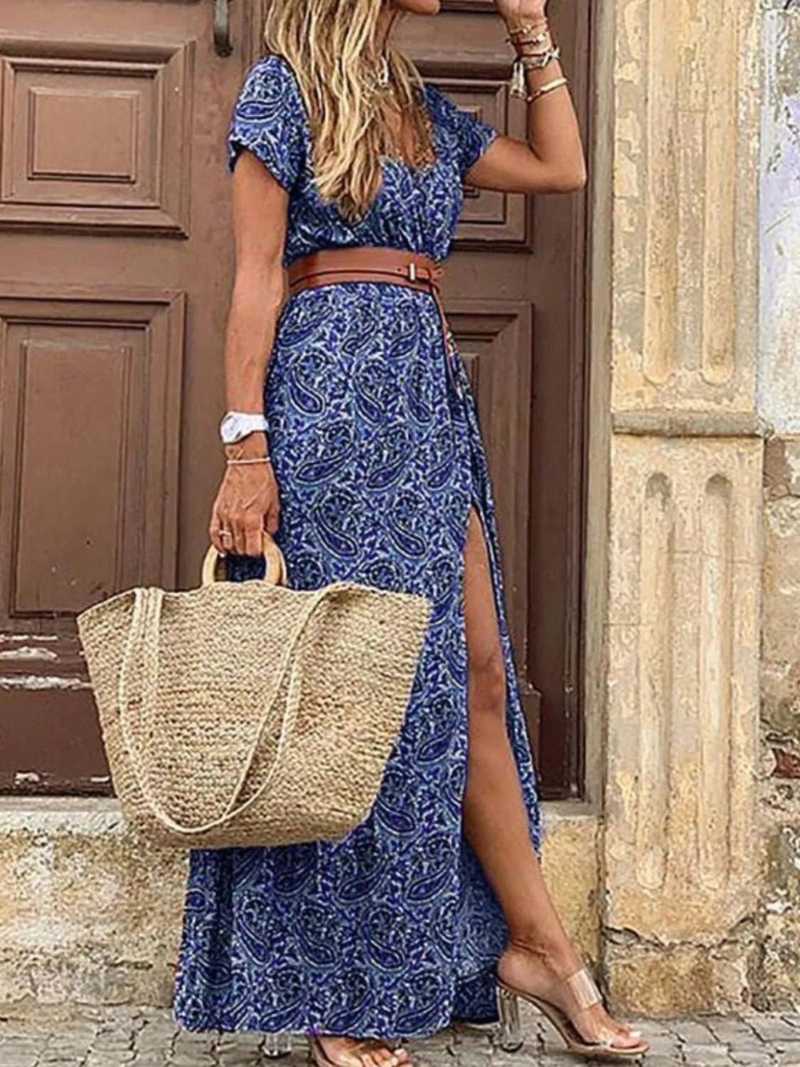 Full Size Printed V-Neck Short Sleeve Maxi Dress Plus Size - adritiX