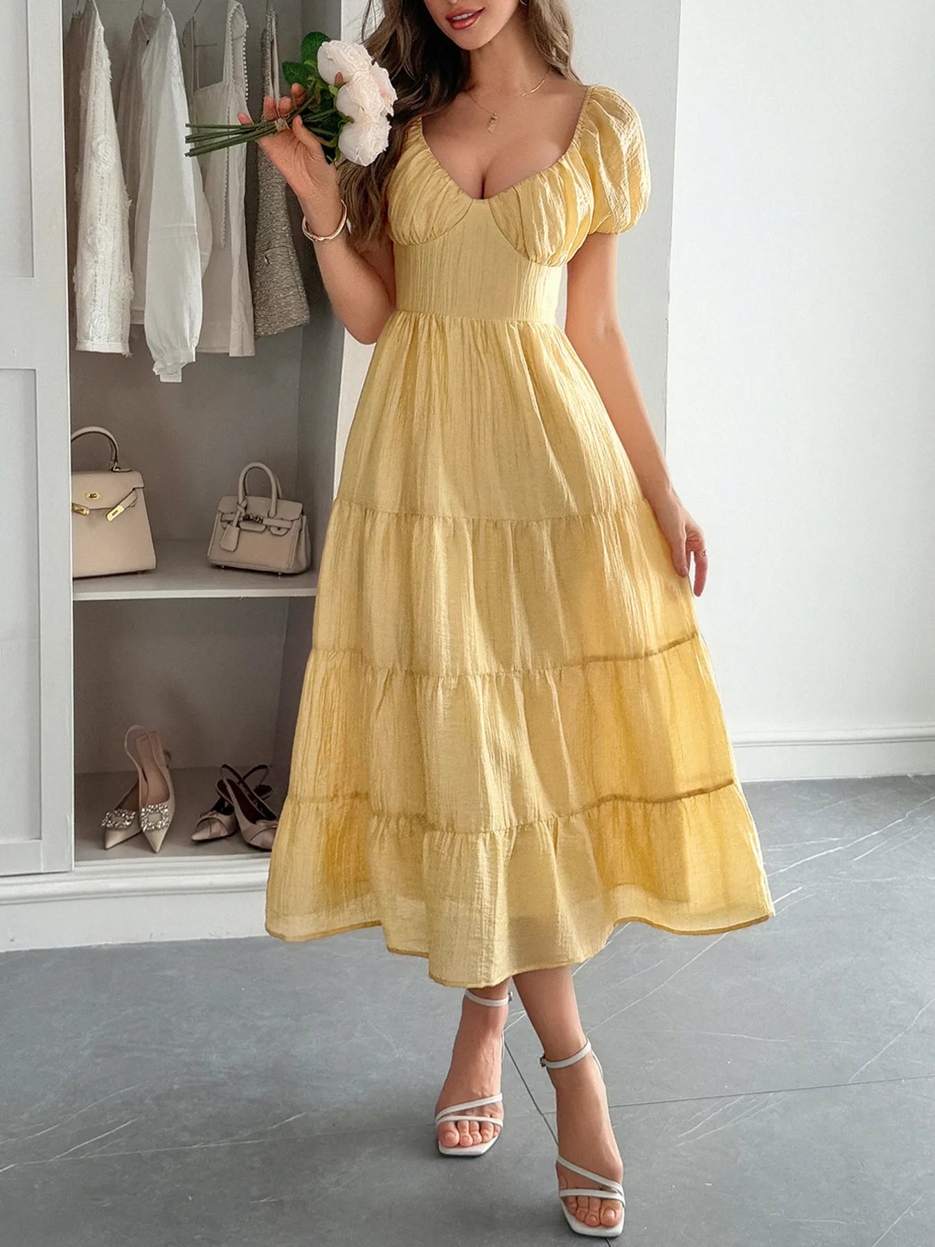 Elegant V-Neck Short Sleeve Midi Dress - adritiX