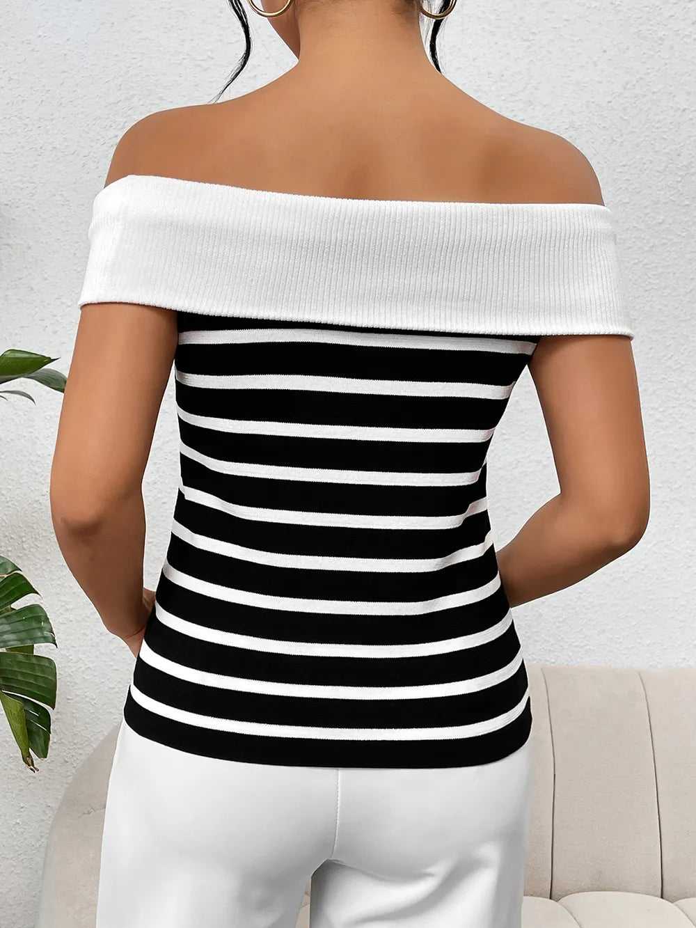 Decorative Button Striped Off-Shoulder Knit Top - adritiX