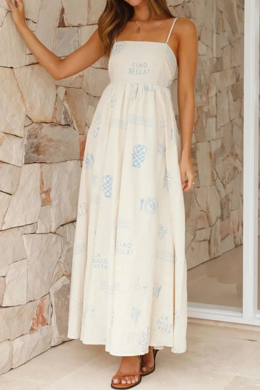 Cutout Back Printed Square Neck Maxi Cami Dress - adritiX