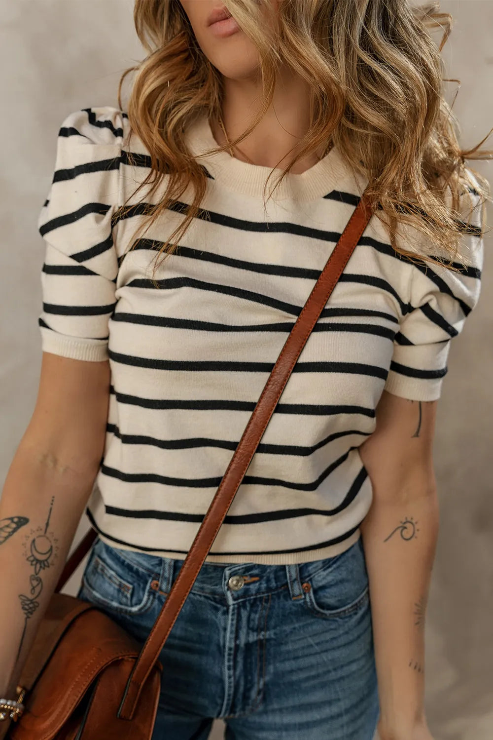 Striped Round Neck Puff Sleeve Knit Top - adritiX