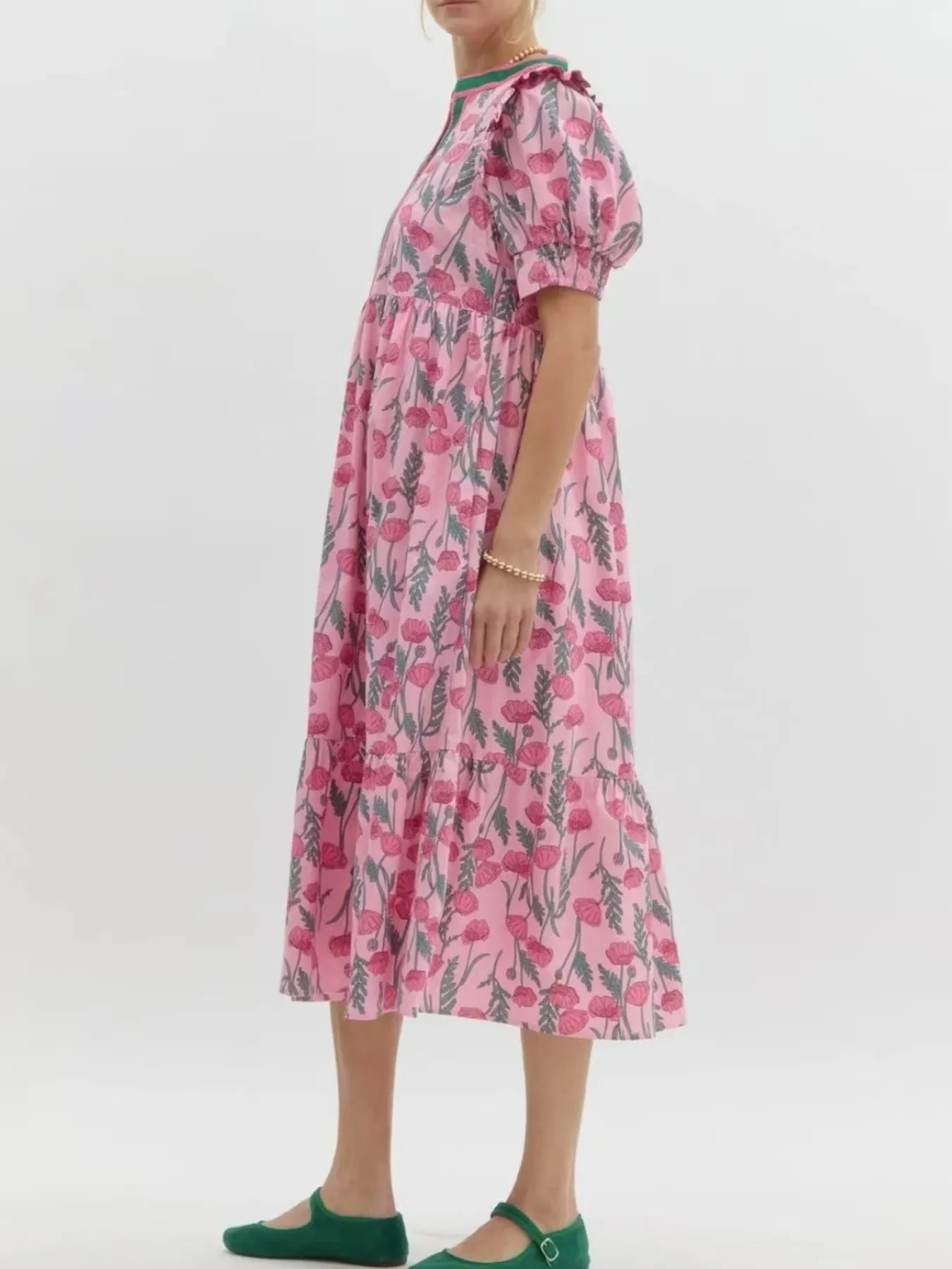 Elegant Floral Puff Sleeve Midi Dress with Contrast Trim - adritiX