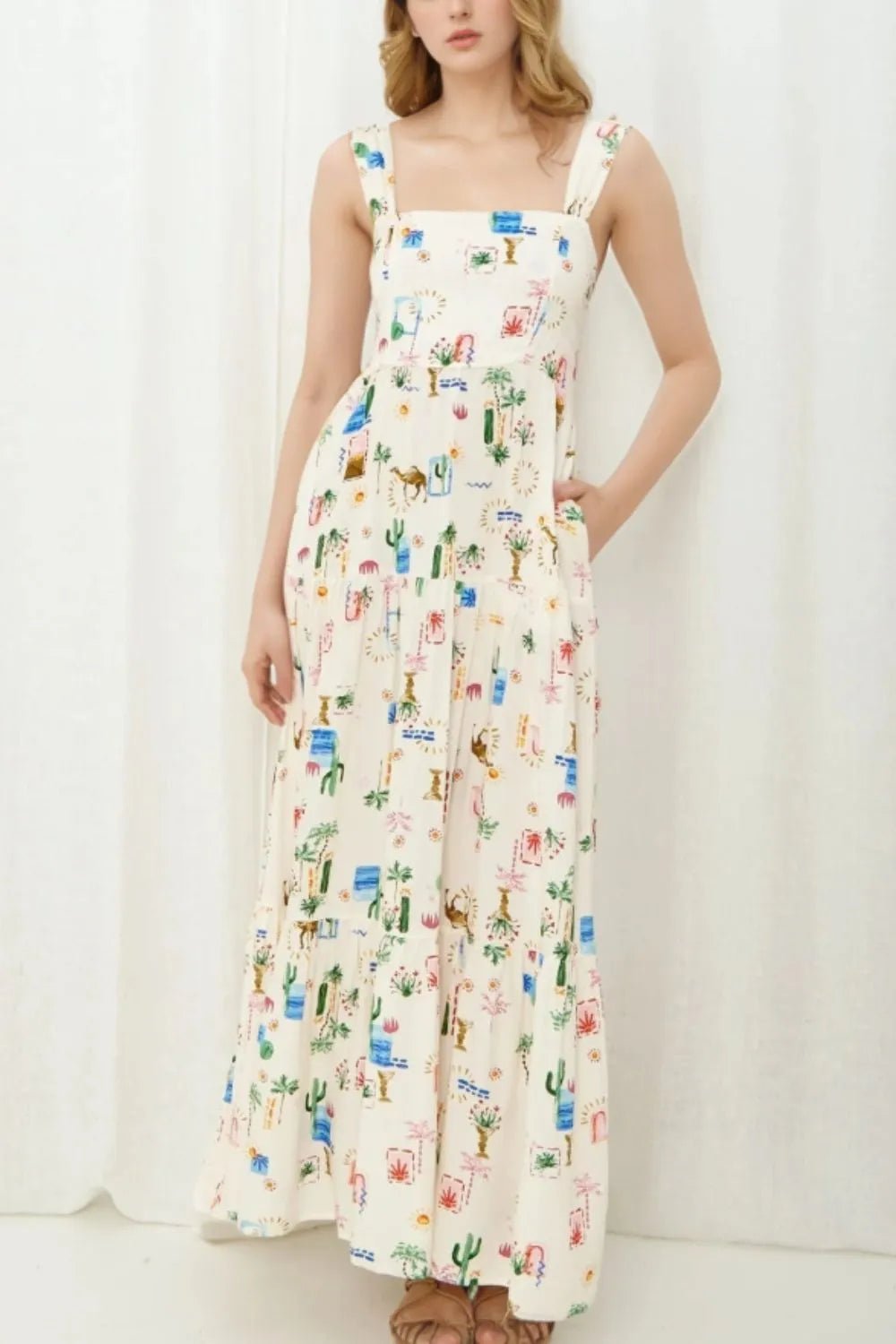 Printed Square Neck Wide Strap Maxi Dress - adritiX
