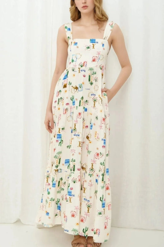 Printed Square Neck Wide Strap Maxi Dress - adritiX