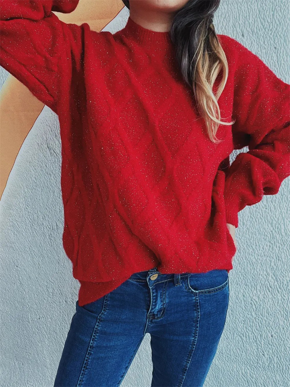 Diamond Round Neck Long Sleeve Sweater - adritiX